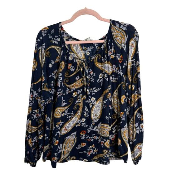 Lucky Brand Navy Paisley Floral Tie Neck Long Sleeve Shirt - Picture 1 of 6